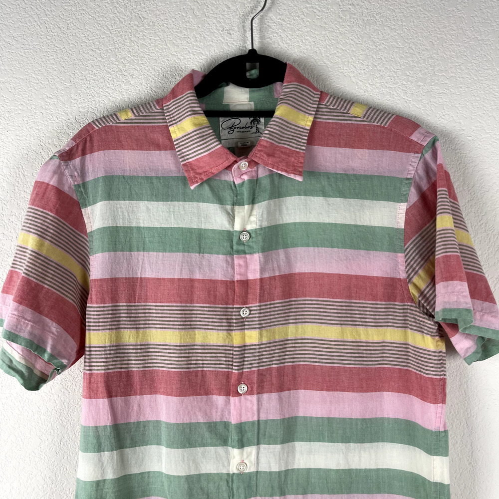 Bonobos Fit To Go Places Tailored Fit Shirt Mens Medium Pink Green Striped - Picture 2 of 11